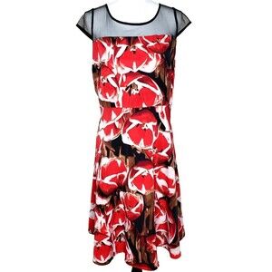Liz Claiborne Women's Cap Sleeve Sheer Floral A-line Red Dress Size 16